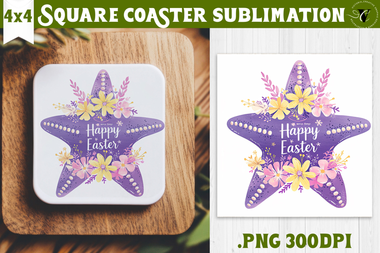 Easter Square Coaster | Watercolor Starfish | Happy Easter