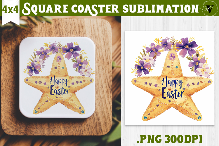 Easter Square Coaster | Watercolor Starfish | Happy Easter
