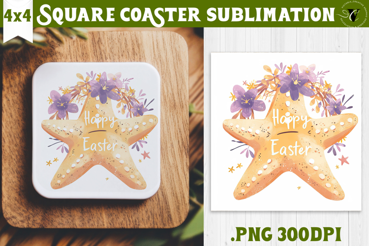 Easter Square Coaster | Watercolor Starfish | Happy Easter