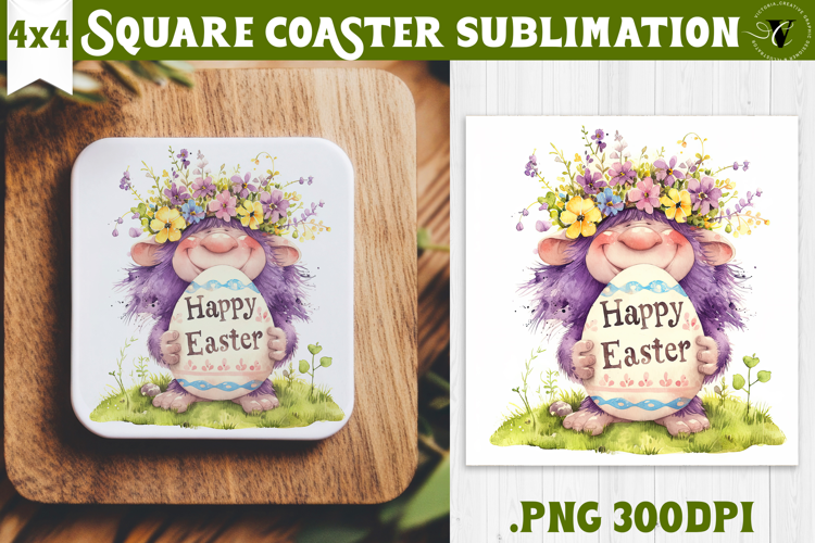 Easter Square Coaster | Watercolor Troll | Happy Easter