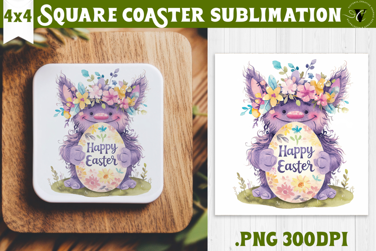 Easter Square Coaster | Watercolor Troll | Happy Easter
