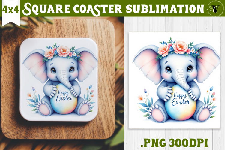 Easter Square Coaster | Watercolor Elephant | Happy Easter