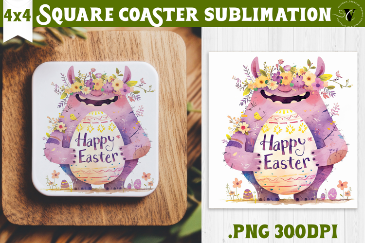Easter Square Coaster | Watercolor Troll | Happy Easter