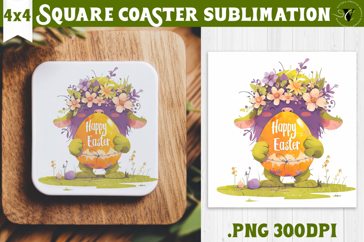 Easter Square Coaster | Watercolor Troll | Happy Easter