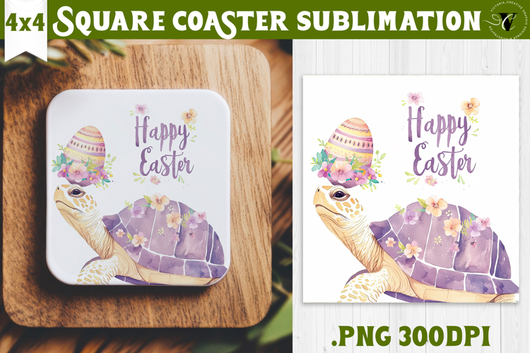 Easter Square Coaster | Watercolor Turtle | Happy Easter