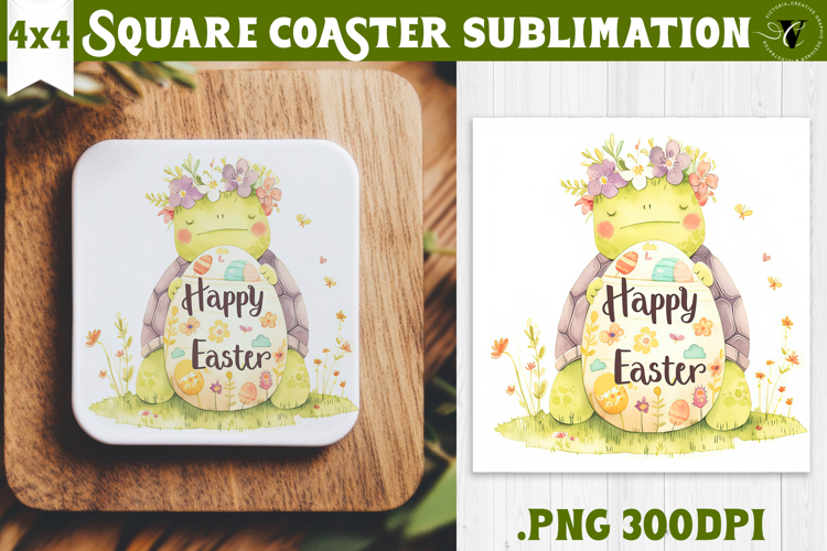 Easter Square Coaster | Watercolor Turtle | Happy Easter