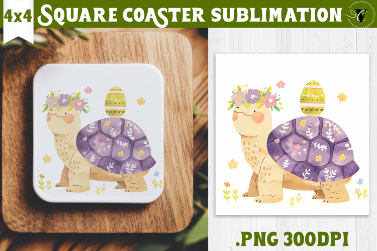 Easter Square Coaster | Watercolor Turtle | Happy Easter