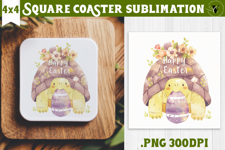 Easter Square Coaster | Watercolor Turtle | Happy Easter
