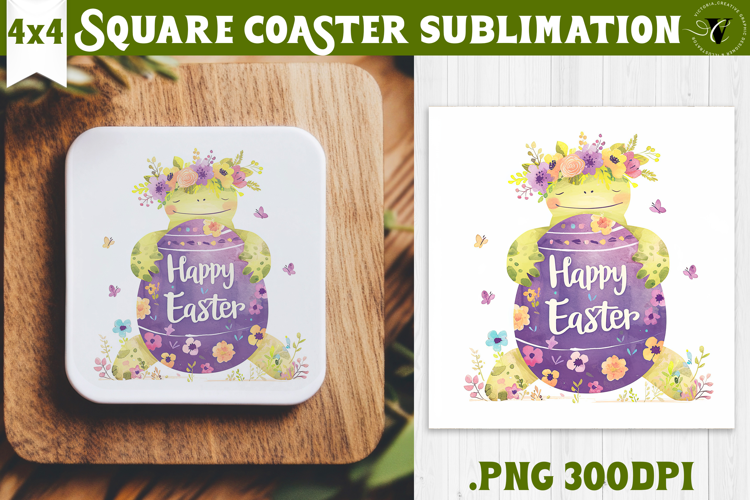 Easter Square Coaster | Watercolor Turtle | Happy Easter