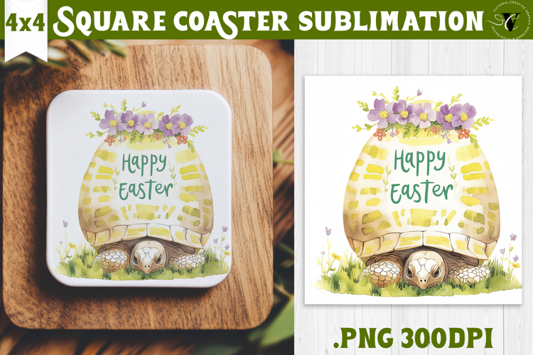Easter Square Coaster | Watercolor Turtle | Happy Easter