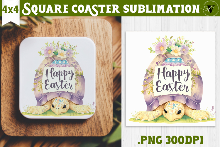 Easter Square Coaster | Watercolor Turtle | Happy Easter