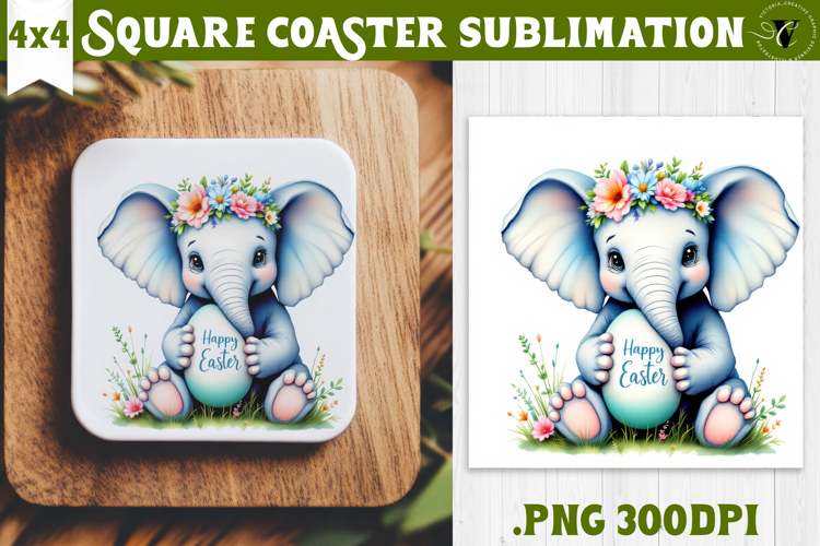 Easter Square Coaster | Watercolor Elephant | Happy Easter