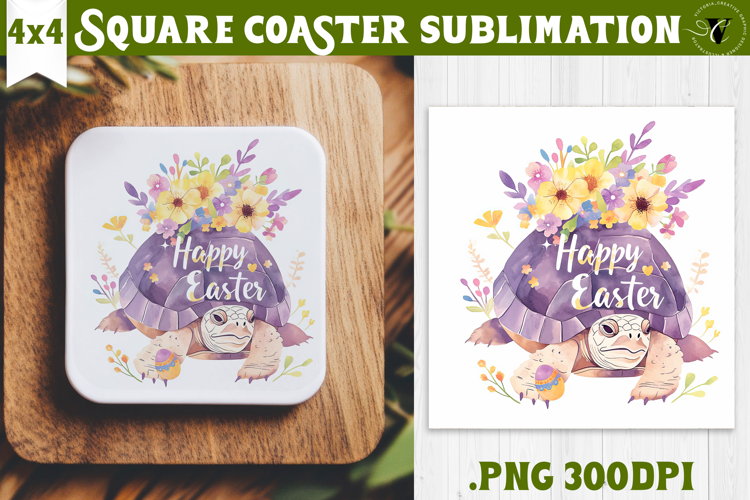 Easter Square Coaster | Watercolor Turtle | Happy Easter
