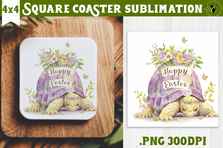 Easter Square Coaster | Watercolor Turtle | Happy Easter