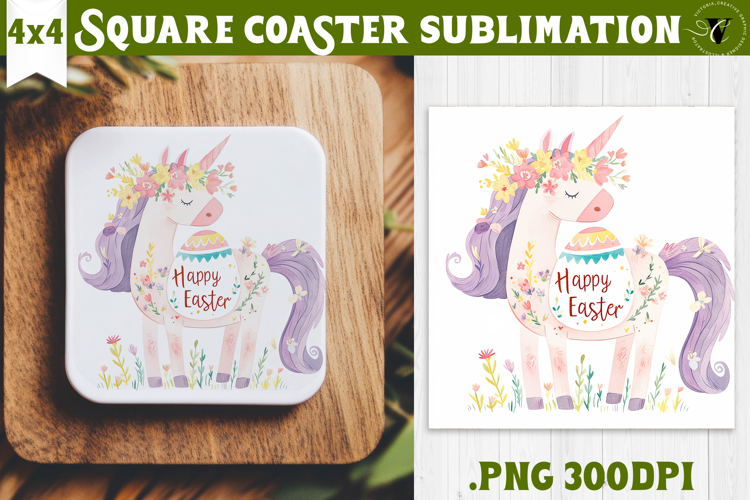 Easter Square Coaster | Watercolor Unicorn | Happy Easter