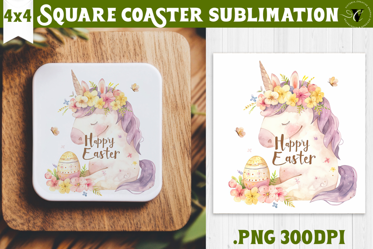 Easter Square Coaster | Watercolor Unicorn | Happy Easter
