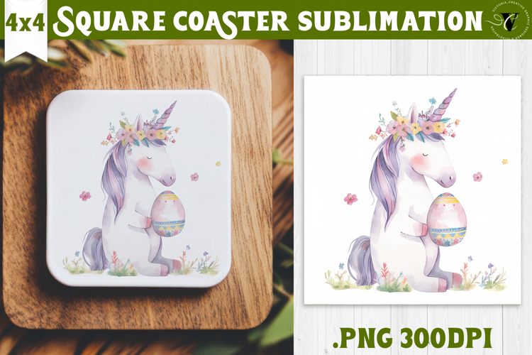 Easter Square Coaster | Watercolor Unicorn | Happy Easter