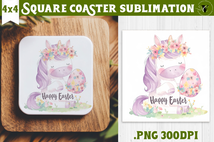 Easter Square Coaster | Watercolor Unicorn | Happy Easter