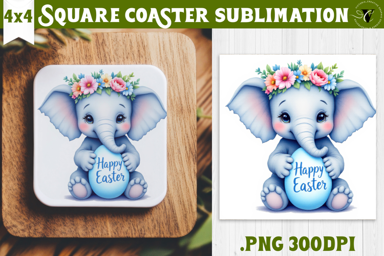 Easter Square Coaster | Watercolor Elephant | Happy Easter