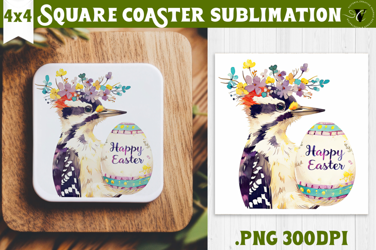 Easter Square Coaster | Watercolor Woodpecker | Happy Easter