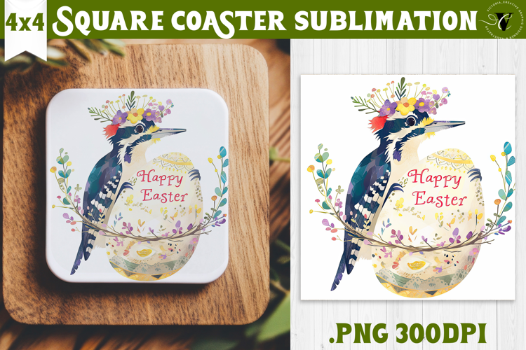 Easter Square Coaster | Watercolor Woodpecker | Happy Easter
