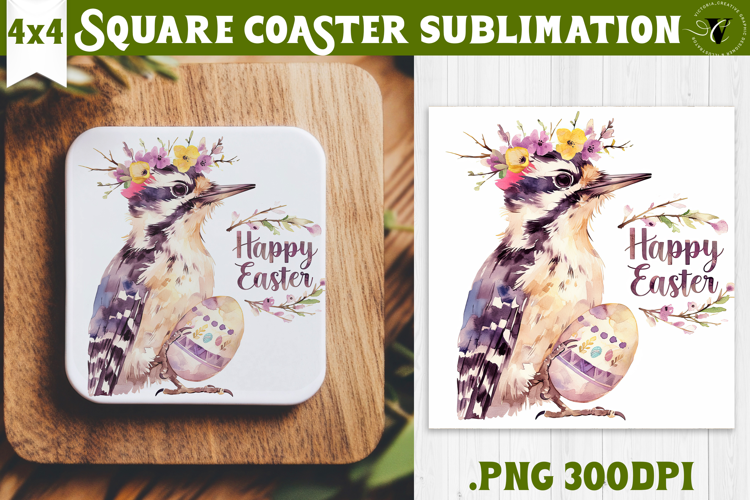 Easter Square Coaster | Watercolor Woodpecker | Happy Easter