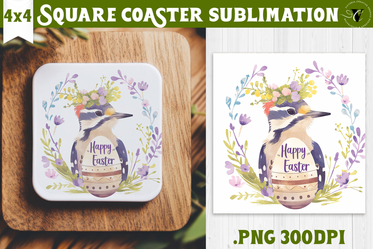 Easter Square Coaster | Watercolor Woodpecker | Happy Easter