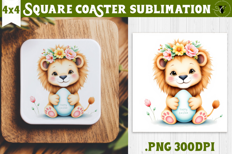 Easter Square Coaster | Watercolor baby Lion | Happy Easter