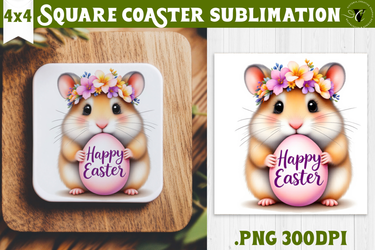 Easter Square Coaster | Watercolor Hamster | Happy Easter