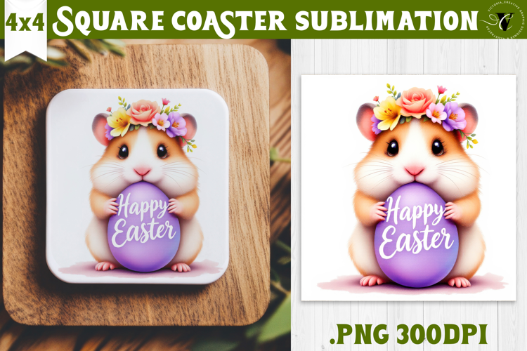 Easter Square Coaster | Watercolor Hamster | Happy Easter