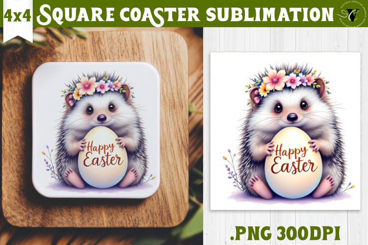 Easter Square Coaster | Watercolor Hedgehog | Happy Easter