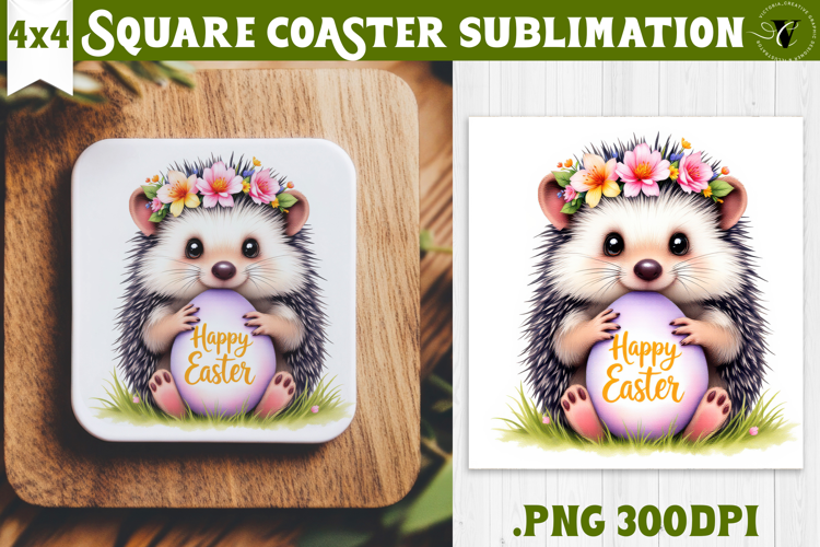Easter Square Coaster | Watercolor Hedgehog | Happy Easter