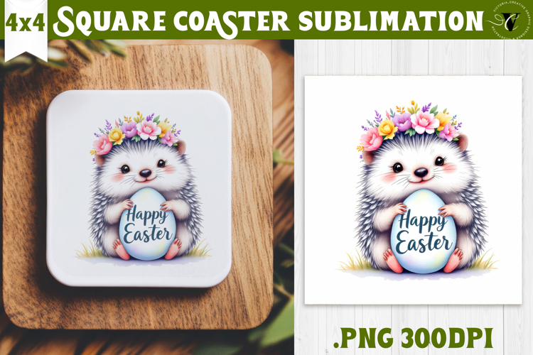 Easter Square Coaster | Watercolor Hedgehog | Happy Easter
