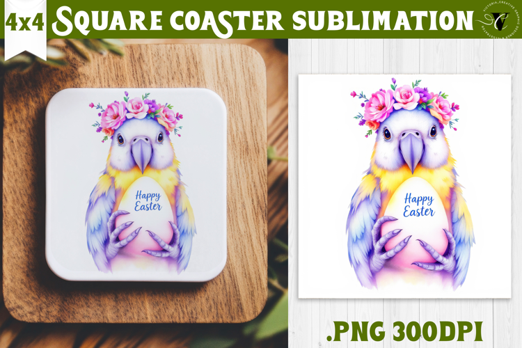 Easter Square Coaster | Watercolor Parrot | Happy Easter