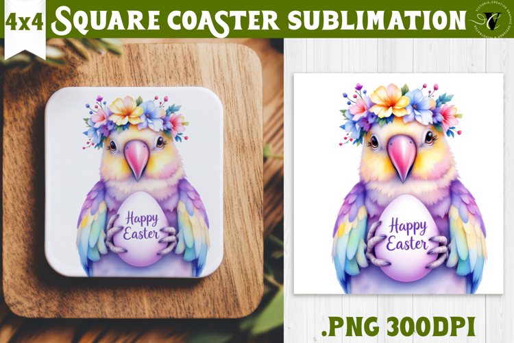 Easter Square Coaster | Watercolor Parrot | Happy Easter