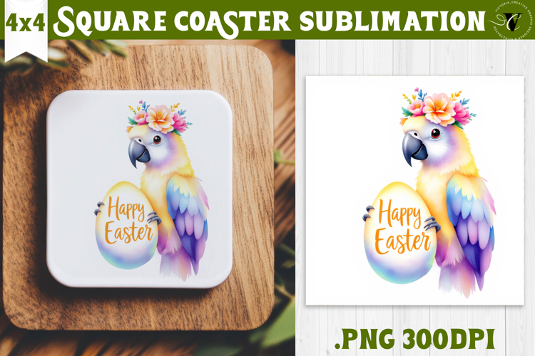 Easter Square Coaster | Watercolor Parrot | Happy Easter