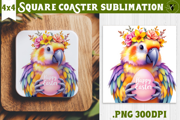 Easter Square Coaster | Watercolor Parrot | Happy Easter