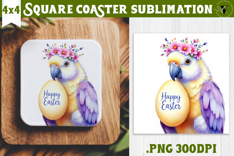 Easter Square Coaster | Watercolor Parrot | Happy Easter
