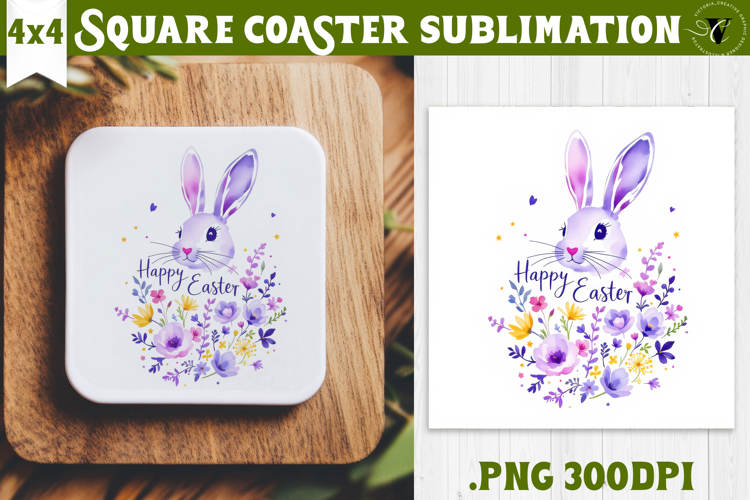 Easter Square Coaster | Watercolor Bunny | Happy Easter