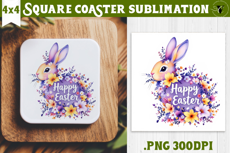 Easter Square Coaster | Watercolor Bunny | Happy Easter