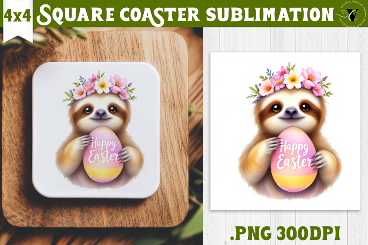 Easter Square Coaster | Watercolor Sloth | Happy Easter