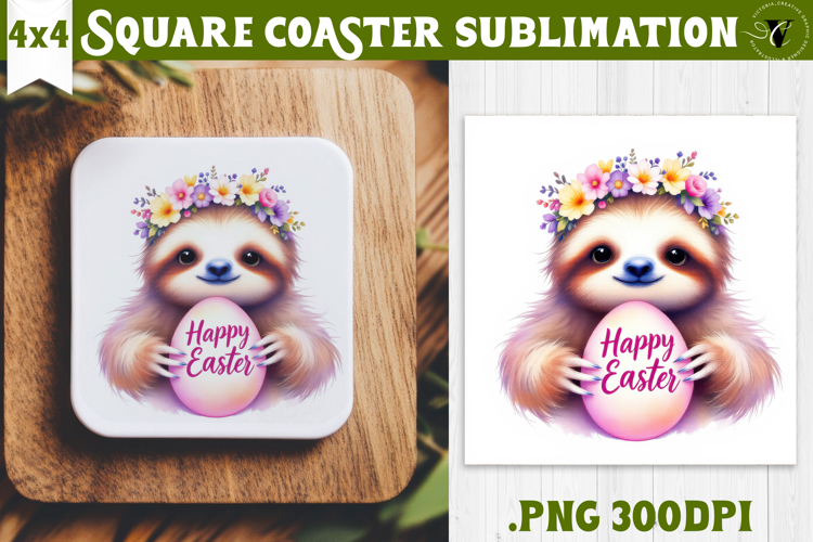 Easter Square Coaster | Watercolor Sloth | Happy Easter