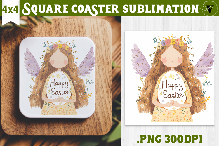 Easter Square Coaster | Watercolor Fairy | Happy Easter