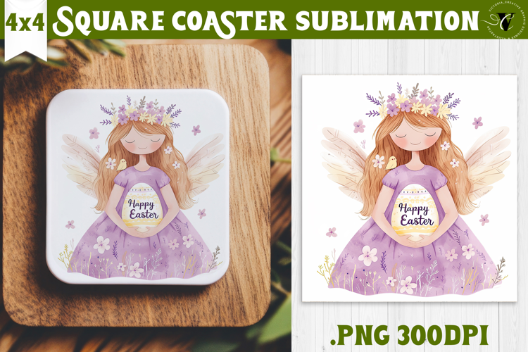 Easter Square Coaster | Watercolor Fairy | Happy Easter