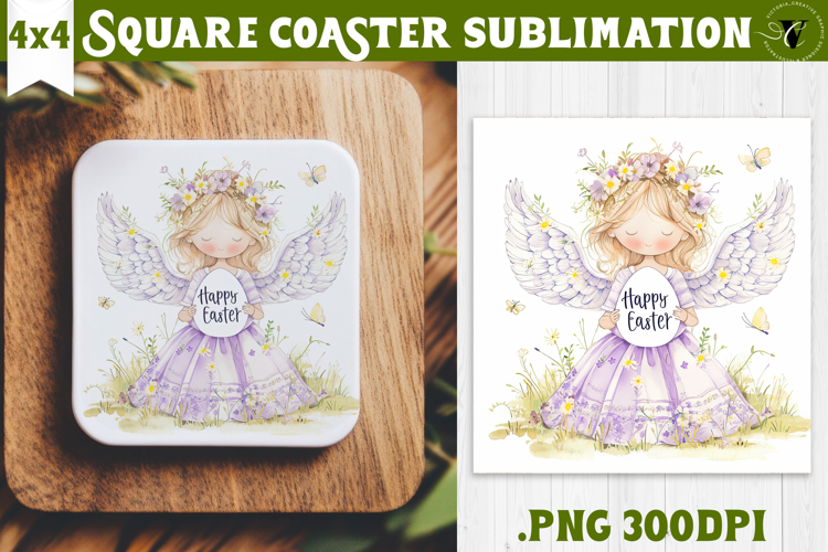 Easter Square Coaster | Watercolor Fairy | Happy Easter