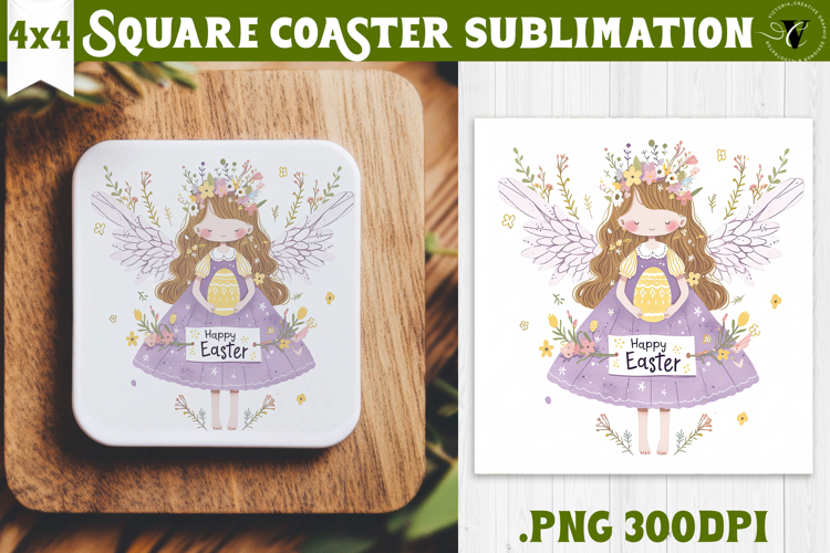 Easter Square Coaster | Watercolor Fairy | Happy Easter