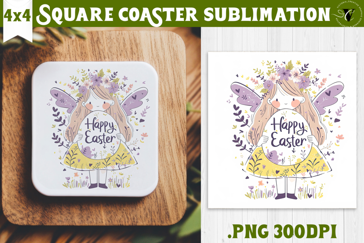 Easter Square Coaster | Watercolor Fairy | Happy Easter