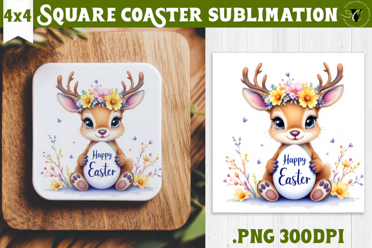 Easter Square Coaster | Watercolor Reindeer | Happy Easter