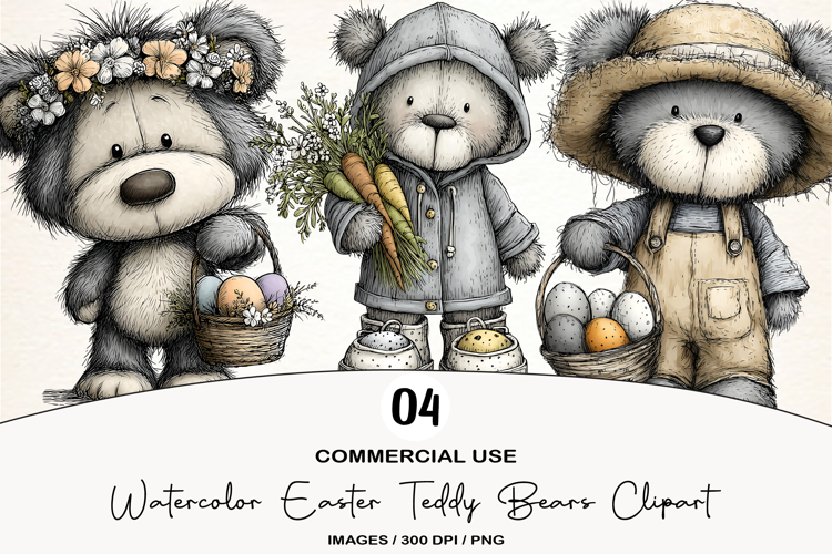 Watercolor Easter Teddy Bears Clipart