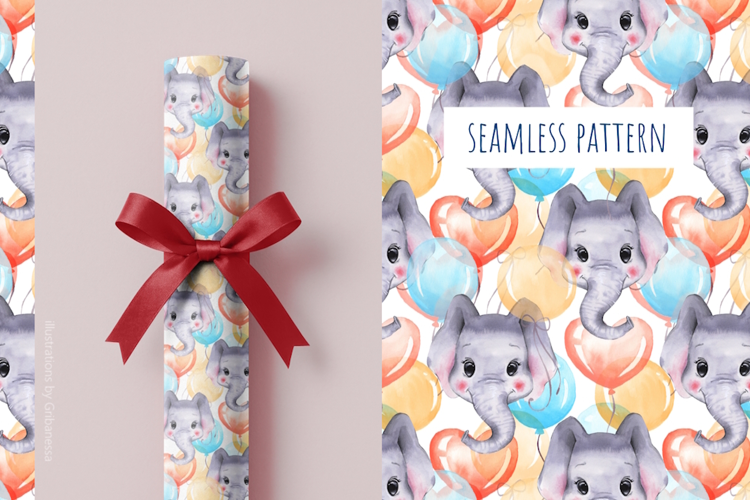 Watercolor Elephant Balloon Seamless Pattern